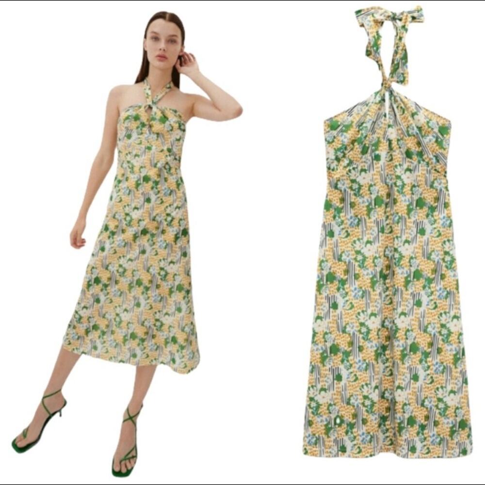 NWT Zara Halter Keyhole Blogger Favorite Yellow Green Dress SZ M